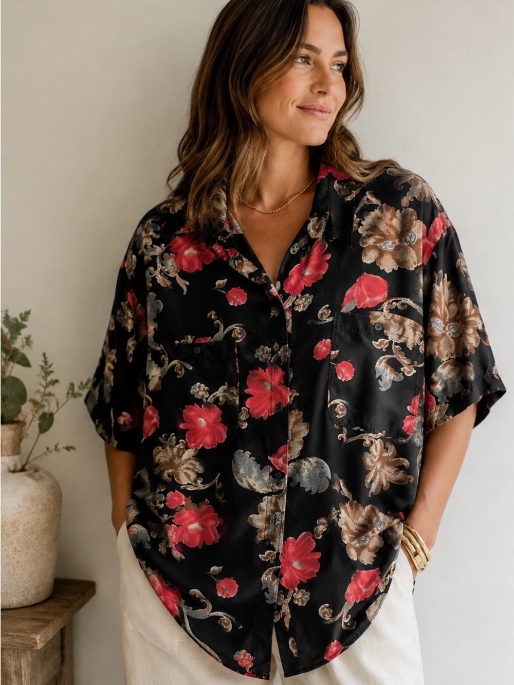 Vintage Whistles 100% Silk Floral Button Front Blouse – Size 1X